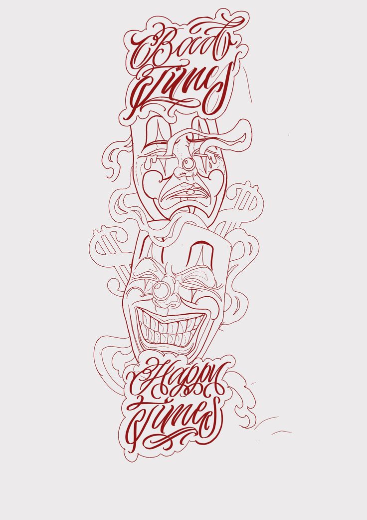 some type of tattoo design on a white paper with red ink and black lettering that says,