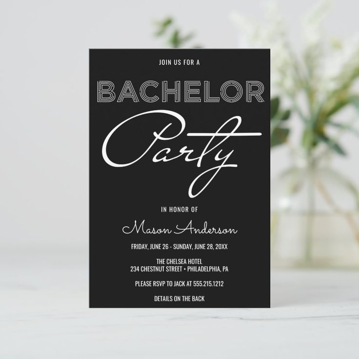 a black and white party card with the words bachelor party written in cursive font