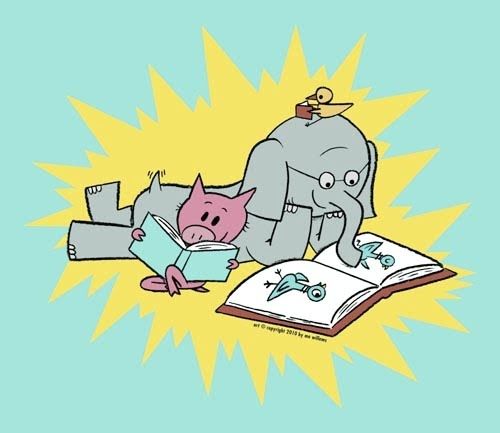 an elephant reading a book with a pig laying on it's back in front of him