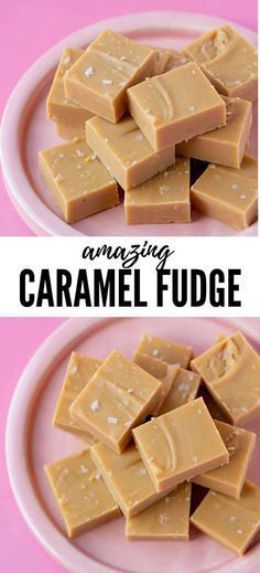 caramel fudge on a pink plate with text overlay