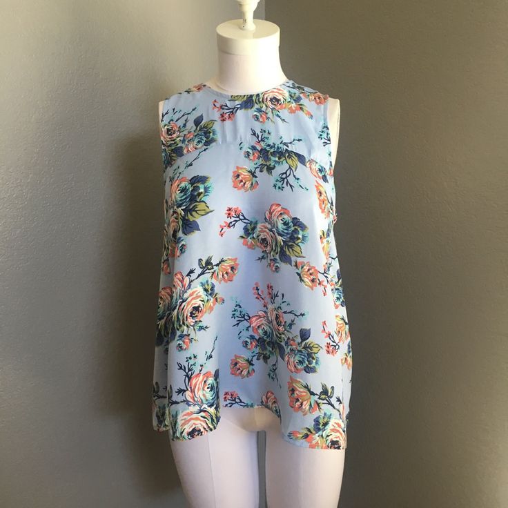 Floral Print Tank Blue Floral Print Top For Day Out, Blue Floral Print Tops For Day Out, Blue Sleeveless Blouse For Spring, Chic Light Blue Floral Print Top, Blue Floral Print Sleeveless Top, Blue Sleeveless Floral Print Top, Sleeveless Light Blue Floral Print Top, Print Tank, Floral Tops