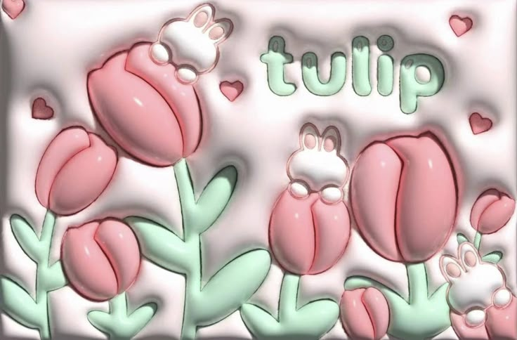 there is a pink and green greeting card with tulips in the center, surrounded by hearts