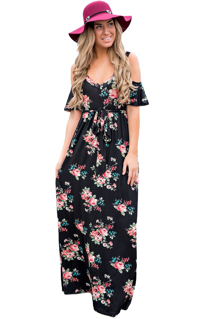 Black Cold Shoulder High Waist Floral Dress with Belt Black Short Sleeve Maxi Dress For Spring, Black Floral Print Maxi Dress For Summer, Black Floral Print Maxi Dress For Spring, Casual Black Maxi Dress For Day Out, Chic Black Non-stretch Maxi Dress, Chic Non-stretch Black Maxi Dress, Black Non-stretch Summer Maxi Dress, Black Maxi Dress For Spring, Black Non-stretch Vacation Dresses