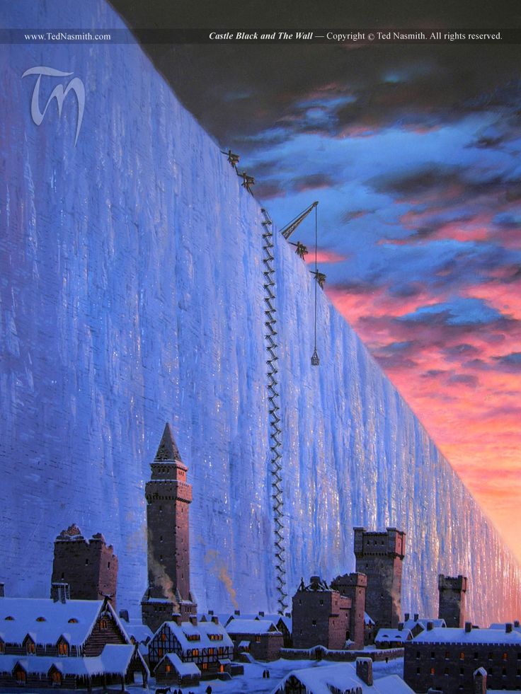 a painting of a city with tall buildings and snow on the ground at sunset or dawn