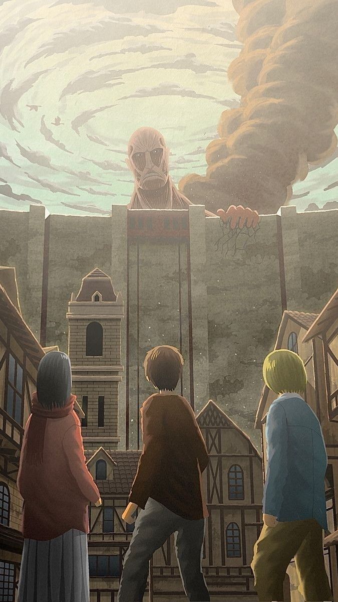 three people standing in front of a building with a giant creature above them and another person looking at it