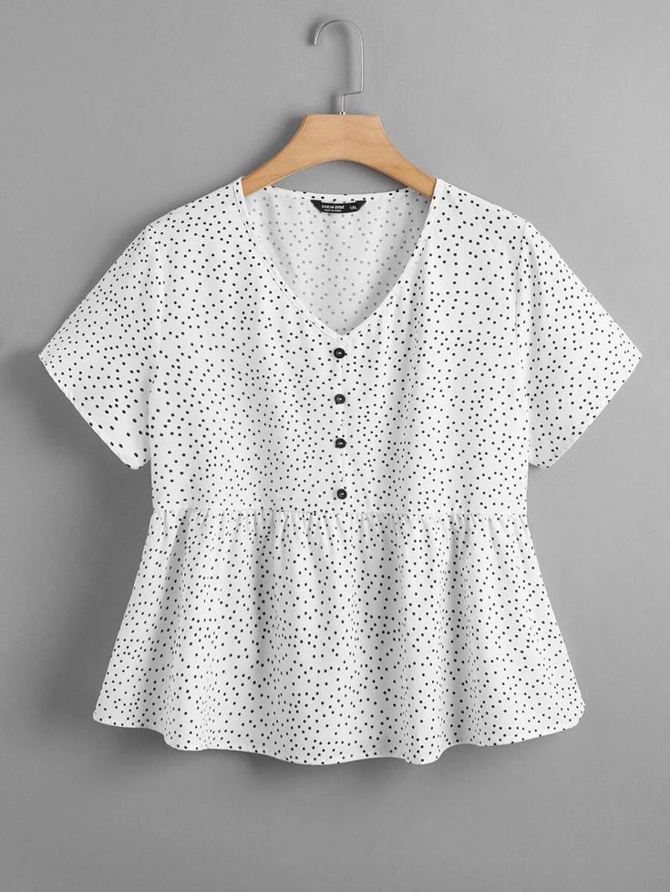 Plus Polka Dot Button Half Peplum Blouse | SHEIN USA Top Designs For Women, Fashion Tops Blouse, Trendy Fashion Tops, Casual Day Outfits, Fancy Dress Design, Easy Trendy Outfits, Peplum Blouse, Polka Dot Blouse, Fashion Design Clothes