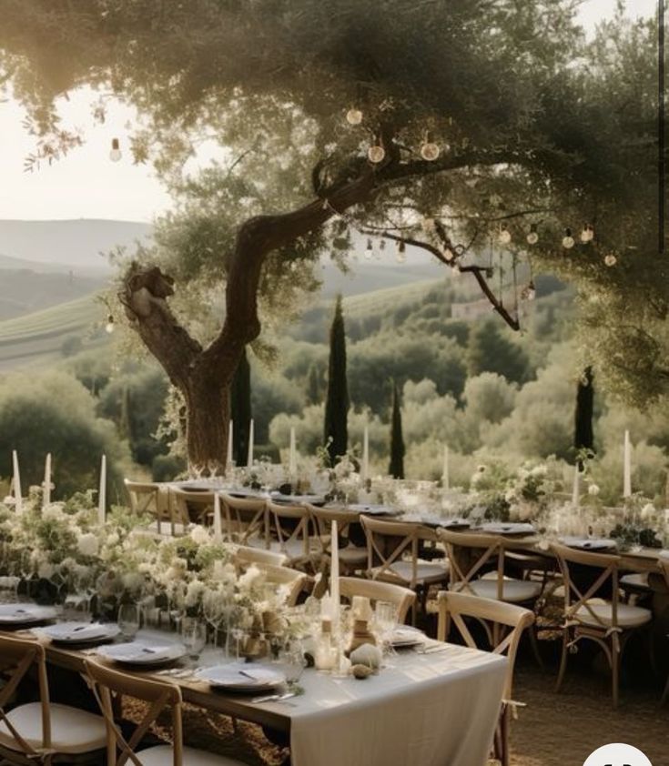 an outdoor table set up with white linens and greenery in front of a tree