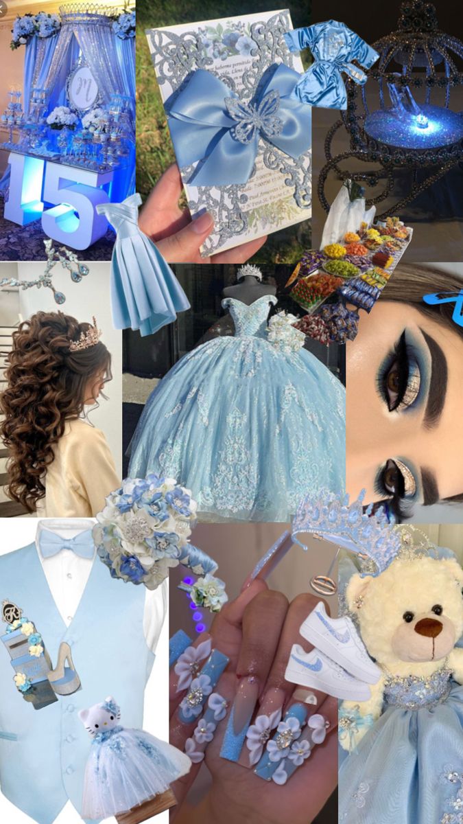 a collage of blue and white items including a teddy bear, dress, necklaces