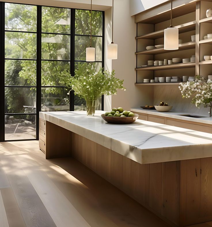 a large kitchen with wooden cabinets and white counter tops, along with an island in the middle