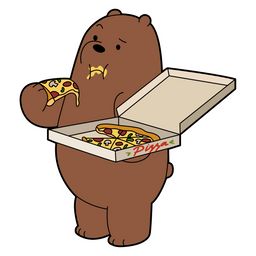 a brown bear holding a pizza box and eating it