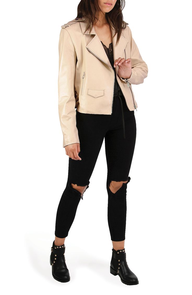 Amp up any outfit with this trendy cropped moto jacket constructed from sheepskin leather with adjustable side buckles and multiple pockets. 18 1/2" length (size Small) Asymmetric zip closure Notched lapels Front zip pockets; flap coin pocket Lined Leather Professional leather clean Imported Fitted Leather Jacket With Side Zipper For Spring, Moto Style Outerwear With Asymmetrical Zip For Spring, Moto Leather Jacket With Asymmetrical Zip For Fall, Spring Moto Biker Jacket With Asymmetrical Zip, Spring Biker Jacket With Asymmetrical Zip, Chic Asymmetrical Zip Leather Jacket For Fall, Chic Biker Jacket With Asymmetrical Zip And Side Zipper, Chic Biker Jacket With Asymmetrical Zip, Spring Leather Biker Cropped Jacket