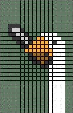 a cross stitch pattern with a white bird's head and yellow beak on green background