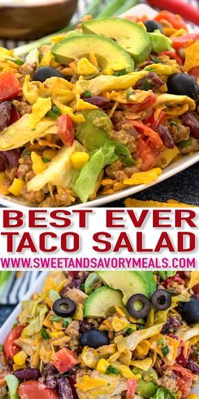 the best ever taco salad with avocado, black olives and tomatoes