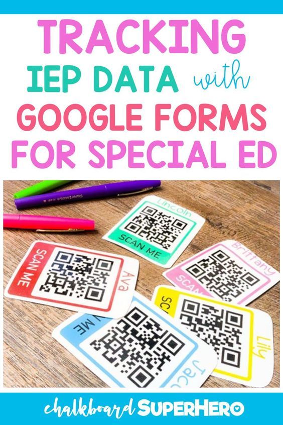 a table with some qr code stickers on it, and the text tracking iep data with google forms for special ed