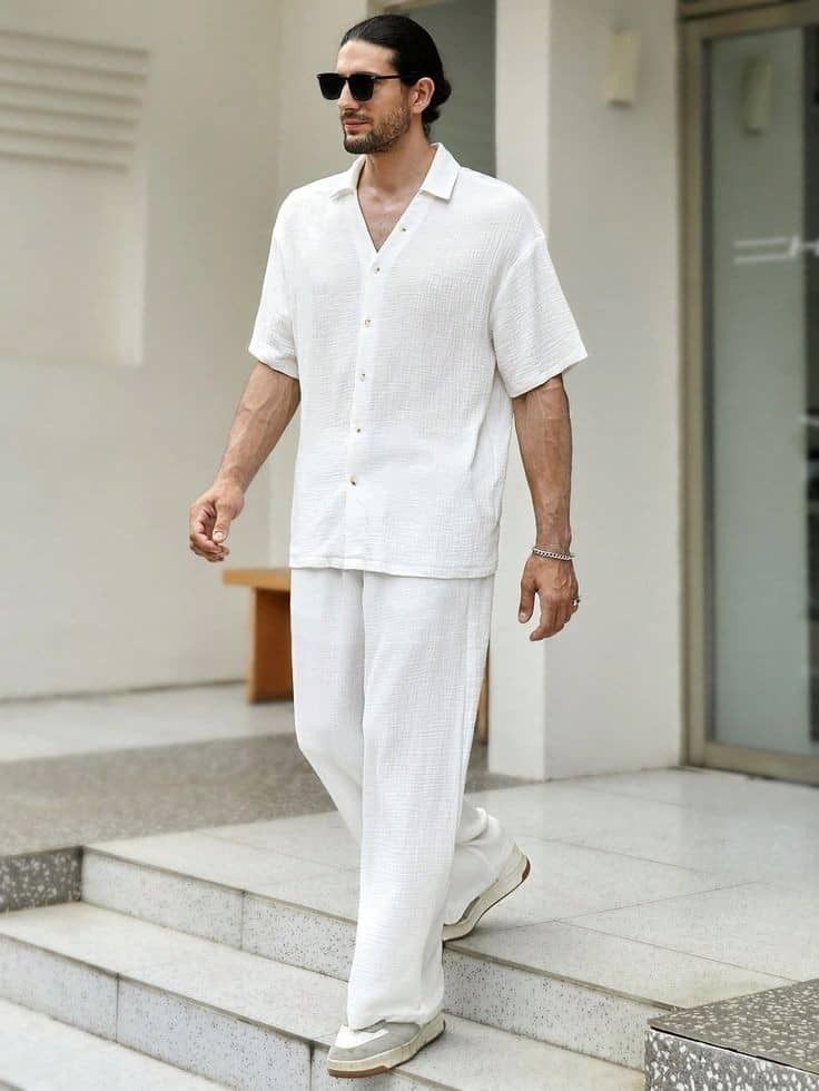 All White Mens Outfit, Linen Outfit Men, White Two Piece Outfit, White Beach Outfit, White Linen Outfit, Resort Wear Men, White Outfit For Men, White Pants Men, Vacation Outfits Men