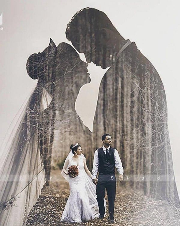 a bride and groom walking down a path in front of an image of a kissing couple