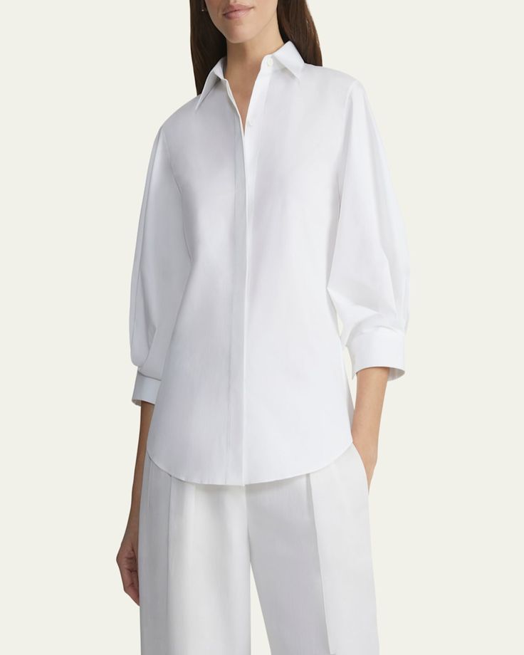 Lafayette 148 New York blouse in cotton with pleated sleeve details    Approx. 25"L from shoulders to hem    Spread collar; concealed button front    3/4 blouson sleeves    Button cuffs    Shirttail hem    Slim fit    Cotton    Imported Hidden Button Shirt, Balloon Sleeve Top, Pleated Sleeves, Elegant Blouses, Classic Elegant, Cotton Blouse, Button Front Shirt, Cotton Blouses, Balloon Sleeves