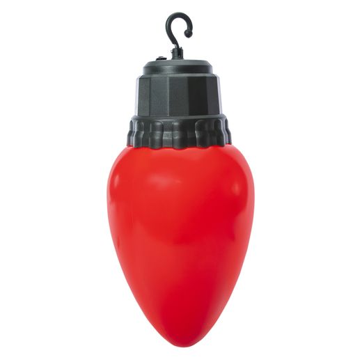 a red heart shaped light hanging from a black plastic hook on a white background with clippings