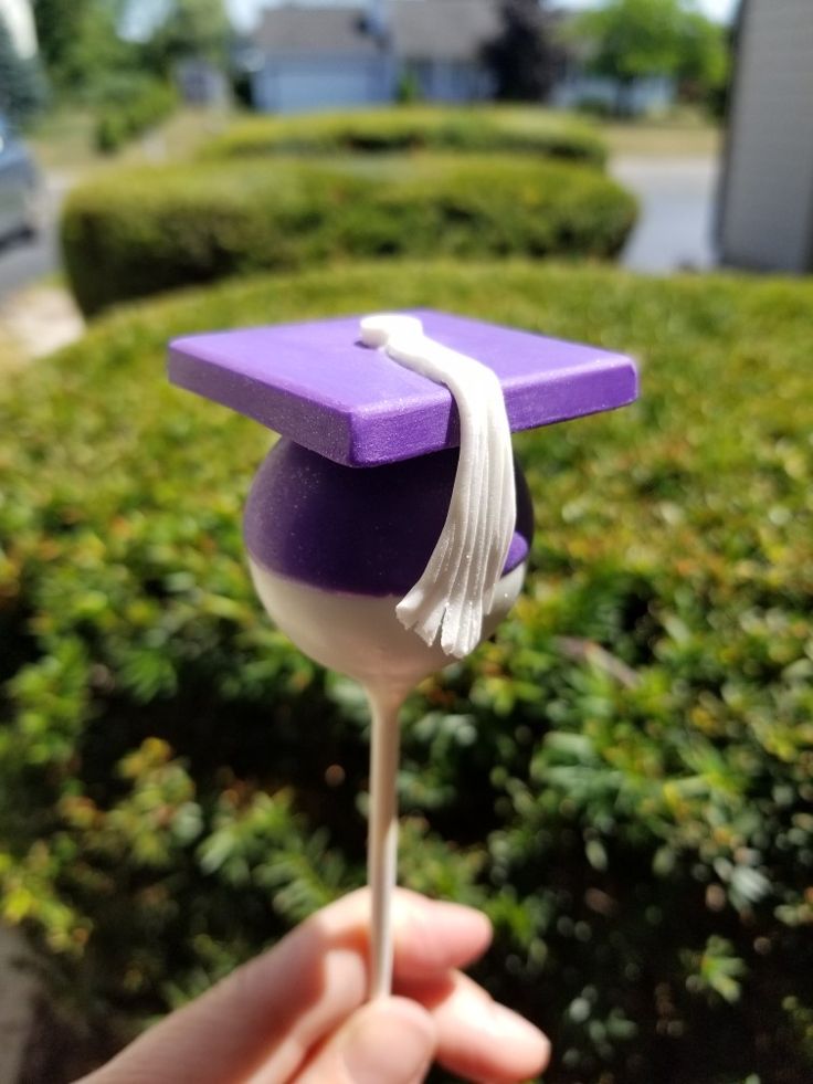 a hand holding a purple and white graduation cap lollipop