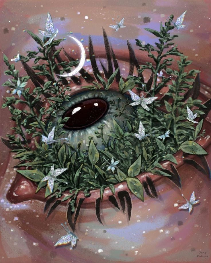 a painting of an eye surrounded by plants and butterflies with the moon in the background