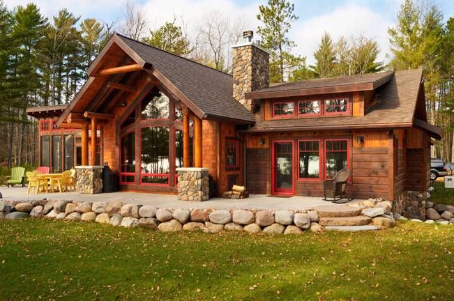 a log home with stone and wood accents