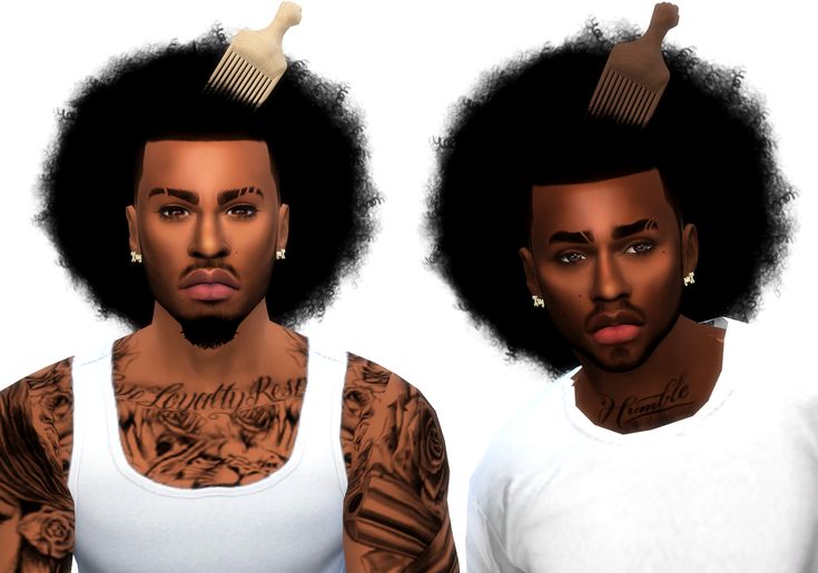 two black men with tattoos and piercings on their heads, one has a comb in his hair