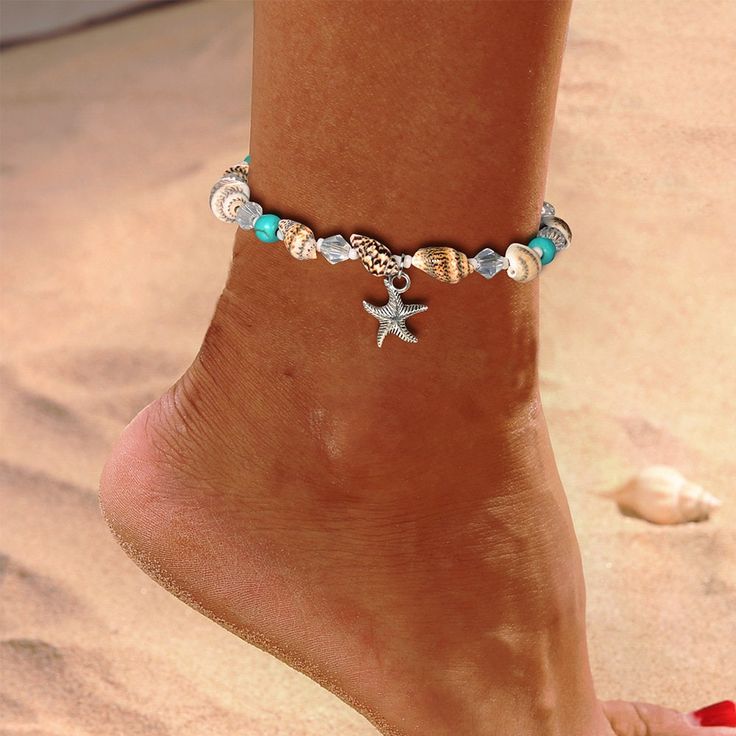 "8\" Boho beach ankle bracelet with starfish charm, shell beads, acrylic beads and a 1-7/8\" extender chain and lobster claw clasp. See description below for size details. - 1 bracelet per package Approx. Size: Length: 25cm (8\") Extender Chain: 6cm (1-7/8\") Color: Turquoise blue, bone, silver One order = 1 bracelet Note: This bracelet contains small beads and is for adult use only. Cadmium, nickel and lead free Made in China" Starfish Anklets, Anklets Jewelry, Beaded Starfish, Anklets For Women, Beaded Ankle, Stella Marina, Beach Anklets, Starfish Pendant, Handmade Fashion Jewelry