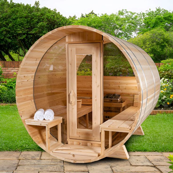 Dundalk - Canadian Timber Serenity MP Outdoor Barrel Sauna - Main Eastern White Cedar, Wood Burning Heaters, Sauna Kit, Sauna Heater, Barrel Sauna, Red Cedar Wood, Outdoor Sauna, Tempered Glass Door, White Cedar