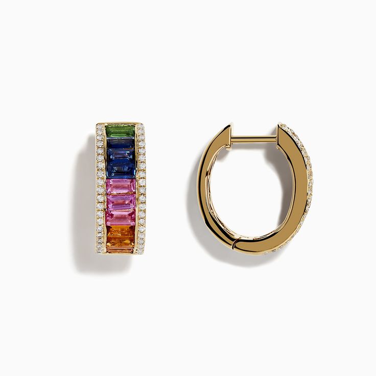 Effy Watercolor 14k Gold Multi Sapphire and Diamond Huggie Earrings 14k Yellow Gold Hoop Earrings With Gemstone, 14k Yellow Gold Gemstone Hoop Earrings, Multicolor 14k Gold Jewelry With Prong Setting, Yellow Gold Gemstone Huggie Earrings, Classic Yellow Gold Multi-stone Earrings, Elegant 14k Gold Rainbow Jewelry, Multicolor 14k Gold Jewelry For Formal Occasions, Formal Multicolor 14k Gold Jewelry, Fine Jewelry Multicolor Hoop Earrings