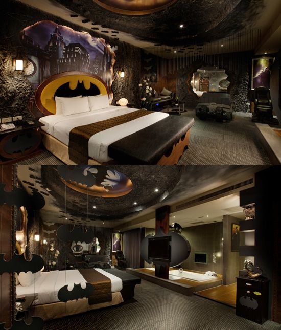 two pictures of a batman themed bedroom