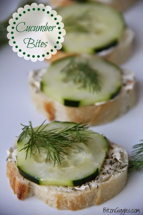 cucumber bites on bread with dill sprinkled on top and the words, cucumber bites above it