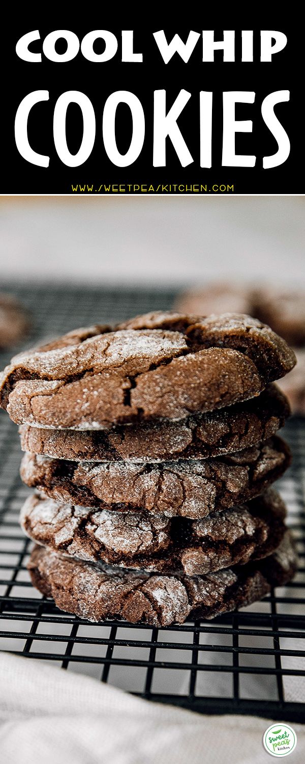 chocolate cookies stacked on top of each other with the words cool whip cookies above them