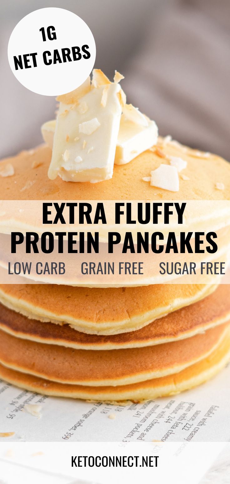 a stack of pancakes with butter on top and the words extra fluffy protein pancakes below