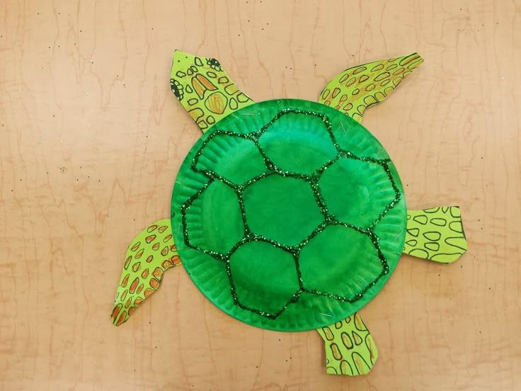 a paper plate shaped like a turtle on a wooden surface with the shape of a turtle