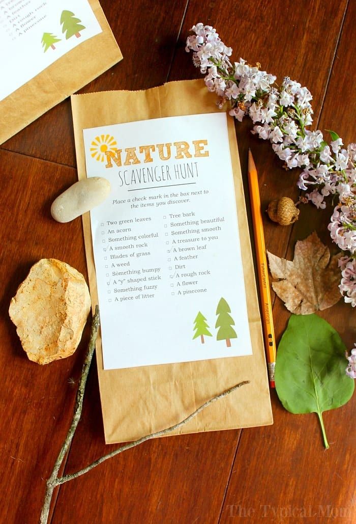 a nature scavenger hunt is on the table next to some flowers and rocks