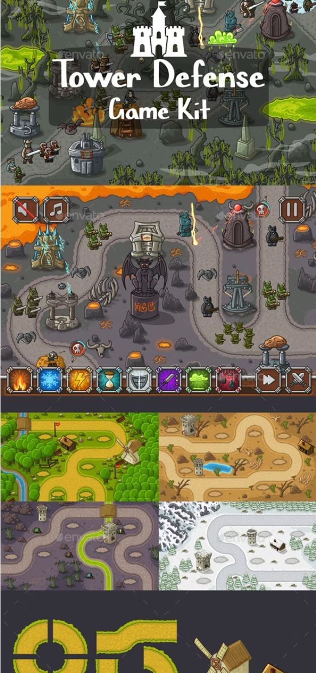 the game map for tower defense is shown in three different stages, including two levels and one