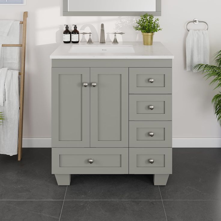 a bathroom with a sink, mirror and towel rack