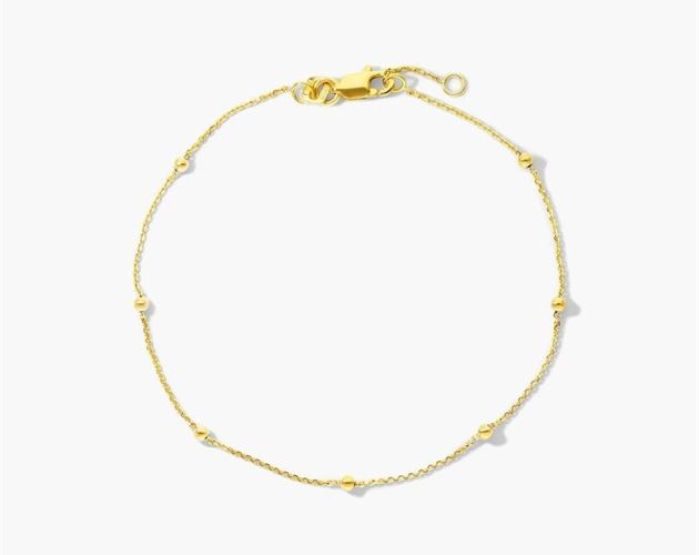 14K Yellow Gold Ball Station Bracelet. This elegant 14K yellow gold bracelet features bead stations on a 7 diamond cut cable chain bracelet with a 0.5 extender that closes with a lobster claw clasp. Classic Gold Bracelet With Satellite Chain As Gift, 14k Yellow Gold Bracelet With Satellite Chain, Elegant Yellow Gold Chain Bracelet With Extender, Classic Gold Bracelets With Satellite Chain, Gold Bracelets With Satellite Chain In Classic Style, Gold Bracelets With Satellite Chain For Formal Occasions, Formal Gold Bracelets With Satellite Chain, Classic Yellow Gold Chain Bracelet With Extender, Formal Yellow Gold Chain Bracelet With Extender