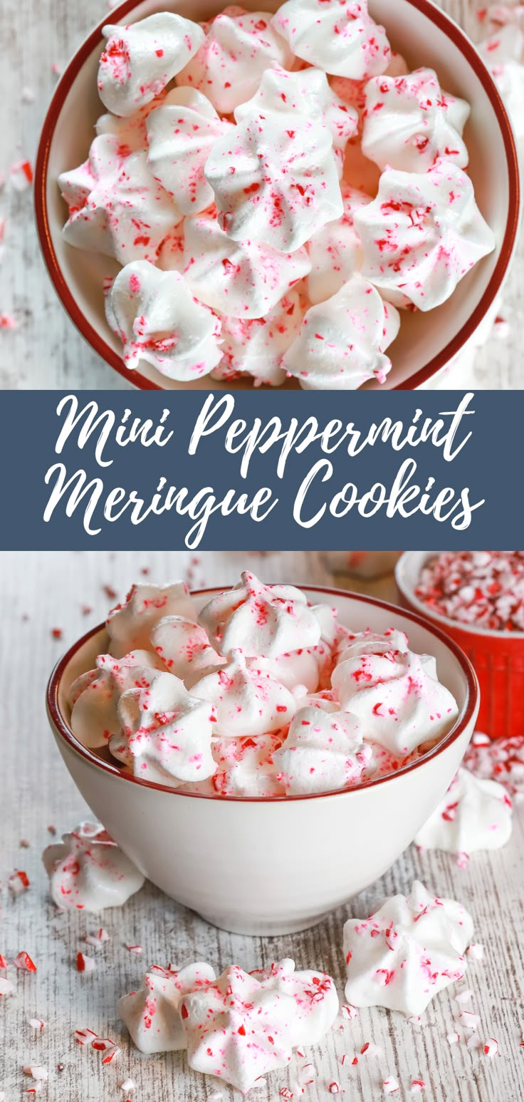 peppermint meringue cookies in a white bowl with red and white sprinkles