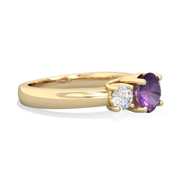 This 14K Yellow Gold trellis three stone ring features a {shape} deep purple amethyst, flanked by {diamondcarats}. A trellis ring features gorgeous interwoven prongs holding the amethysts that symbolize the union of marriage and the wonderful journey you two will embark on together for the rest of your lives. Yellow Gold Amethyst Ring With Round Cut Accent Stones, Yellow Gold Amethyst Ring With Accent Stones, Round Cut, Classic Purple Birthstone Ring With Center Stone, Classic Amethyst Diamond Ring In Yellow Gold, Yellow Gold Amethyst Ring With Prong Setting For Promise, Yellow Gold Amethyst Ring With Brilliant Cut For Promise, Classic Purple Sapphire Ring With Prong Setting, 14k Gold Brilliant Cut Purple Amethyst Ring, Purple 14k Gold Rings With Brilliant Cut