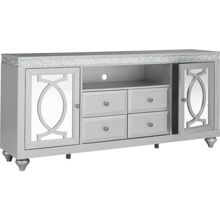 a white entertainment center with drawers and marble top