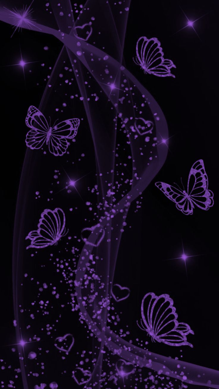 purple butterflies are flying in the air on a black background with stars and sparkles