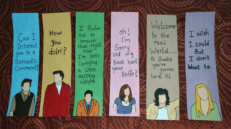 four bookmarks with different characters on them