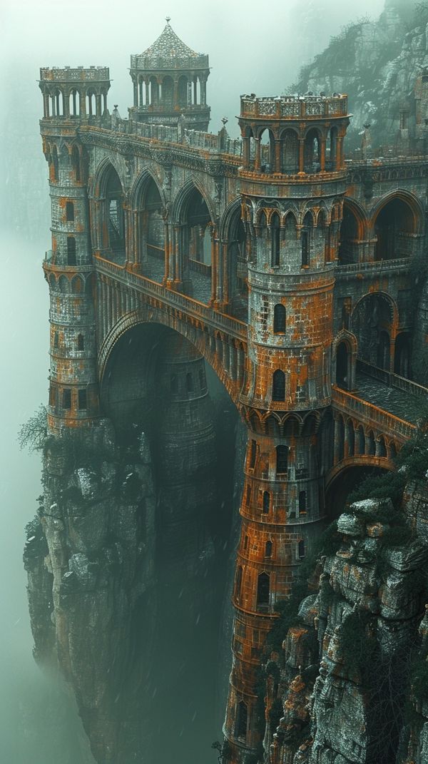 an image of a castle built into the side of a cliff in the middle of fog