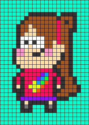 an image of a pixel style character on a blue background with green and pink squares