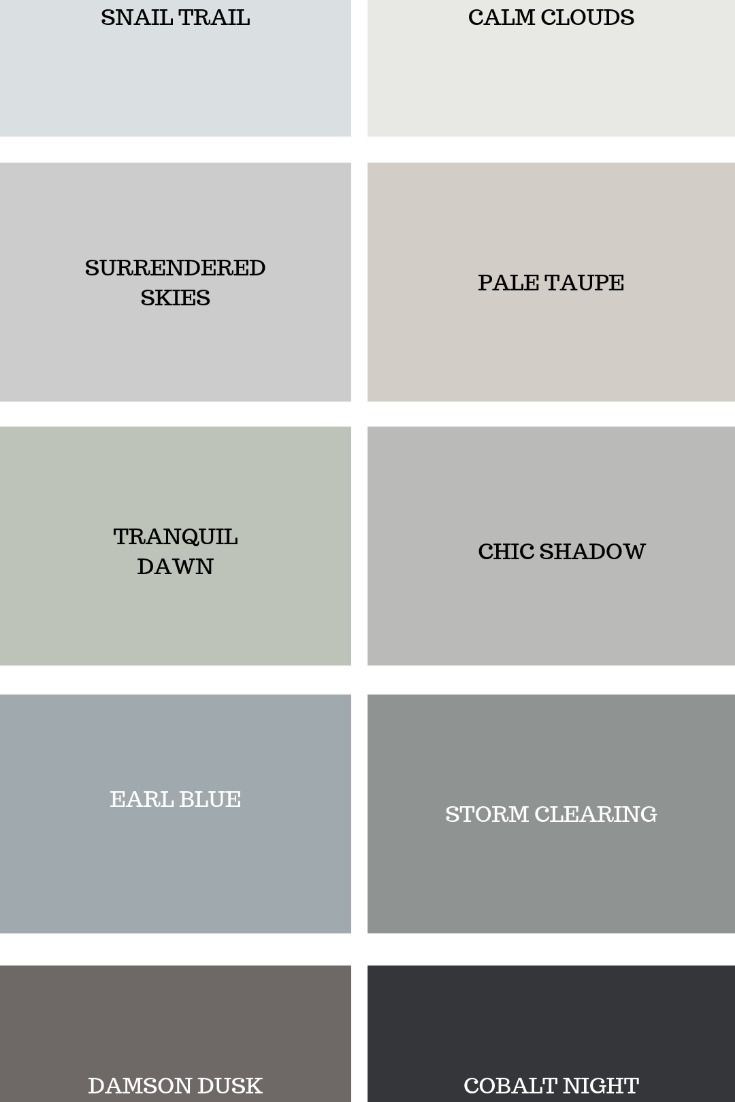 different shades of gray paint with the names and colors in each color, including blue, green