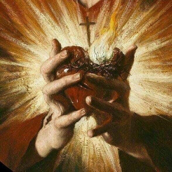 a painting of hands holding a piece of bread in front of a cross and light