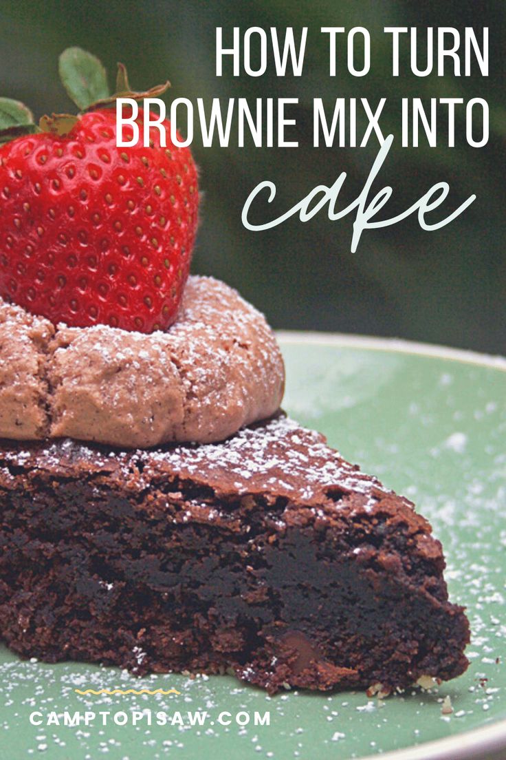 a piece of chocolate cake with a strawberry on top and the words how to turn brownie mix into cafe