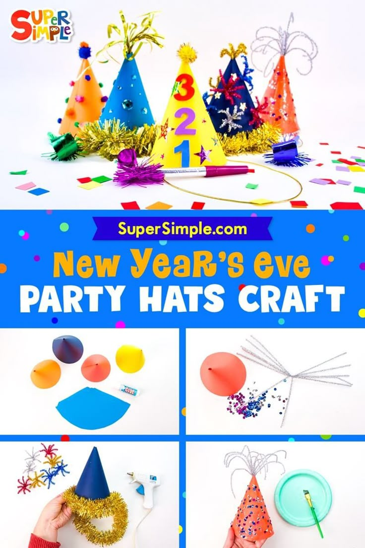 the new year's eve party hats craft is made with construction paper and streamers