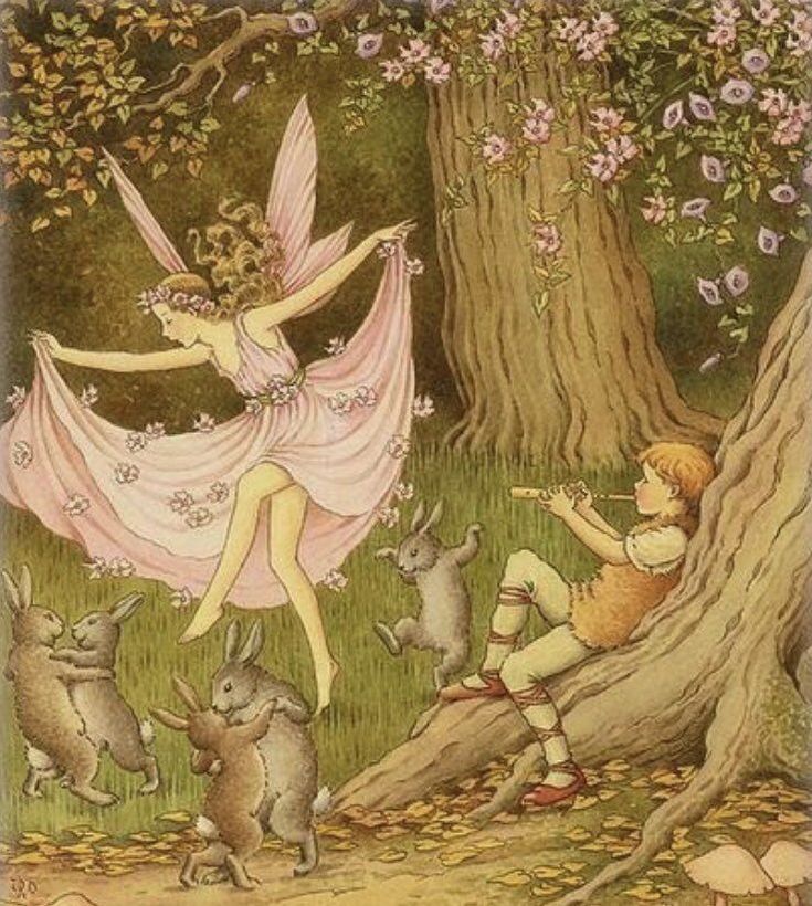 the fairy and her friends are playing in the woods with their pet rabbits, as well as